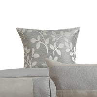 Queen Size 7 Piece Fabric Comforter Set with Leaf Prints, Gray - BM225198
