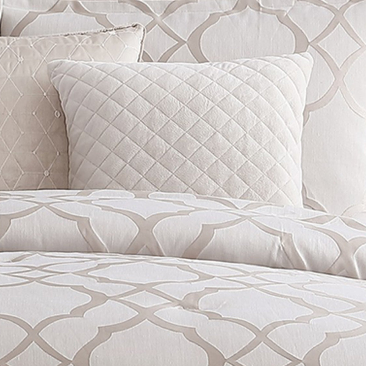 10 Piece King Size Fabric Comforter Set with Quatrefoil Prints, White - BM225201