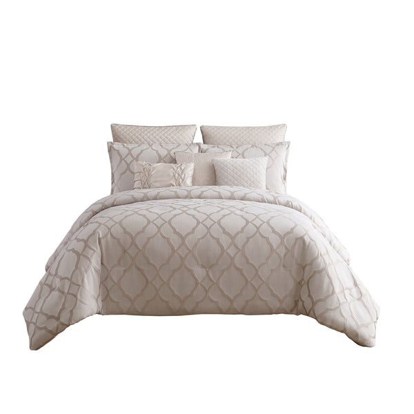 9 Piece Queen Size Fabric Comforter Set with Quatrefoil Prints, White - BM225202