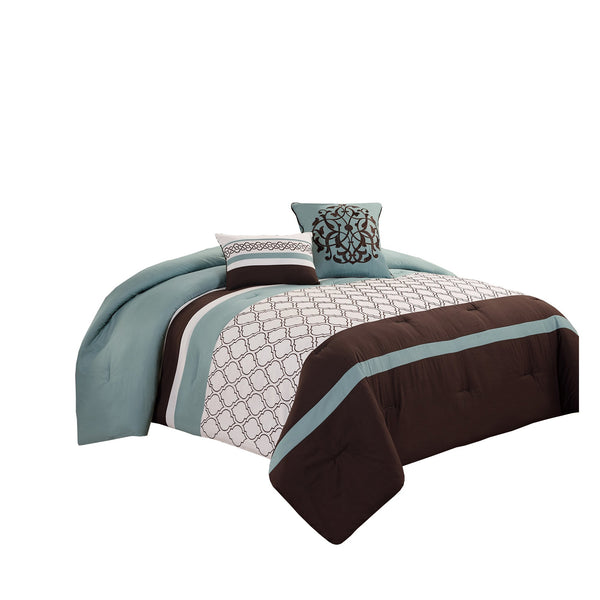 Quatrefoil King Size 8 Piece Fabric Comforter Set , Brown and Blue - BM225203