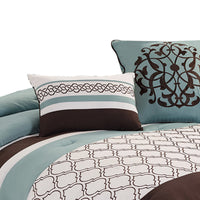 Quatrefoil King Size 8 Piece Fabric Comforter Set , Brown and Blue - BM225203