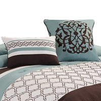 Quatrefoil King Size 8 Piece Fabric Comforter Set , Brown and Blue - BM225203