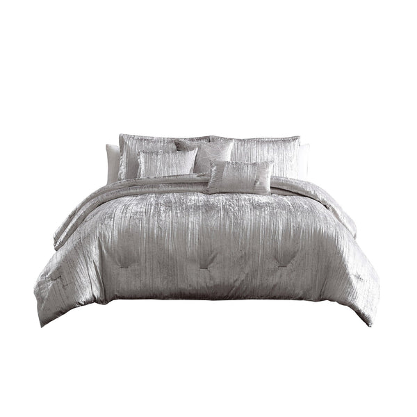 King Size 7 Piece Fabric Comforter Set with Crinkle Texture, Silver - BM225205