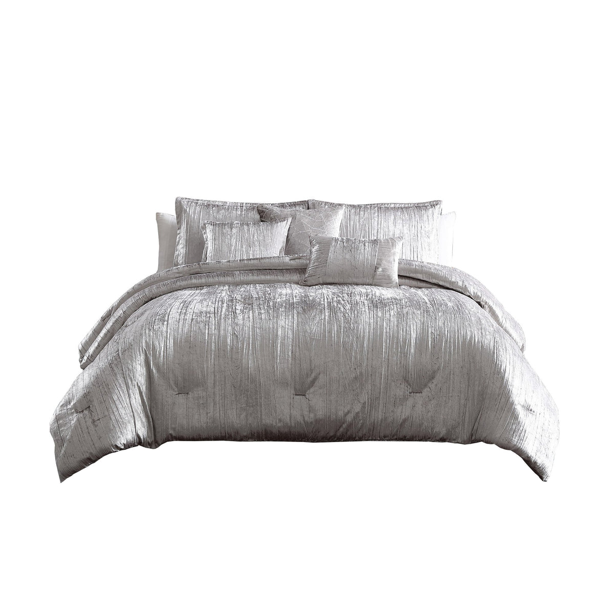 Queen Size 7 Piece Fabric Comforter Set with Crinkle Texture, Silver - BM225206