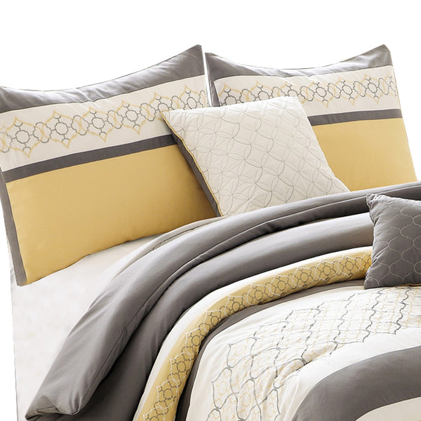 Quatrefoil Print King Size 7 Piece Fabric Comforter Set, Yellow and Gray - BM225207