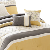 Quatrefoil Print King Size 7 Piece Fabric Comforter Set, Yellow and Gray - BM225207