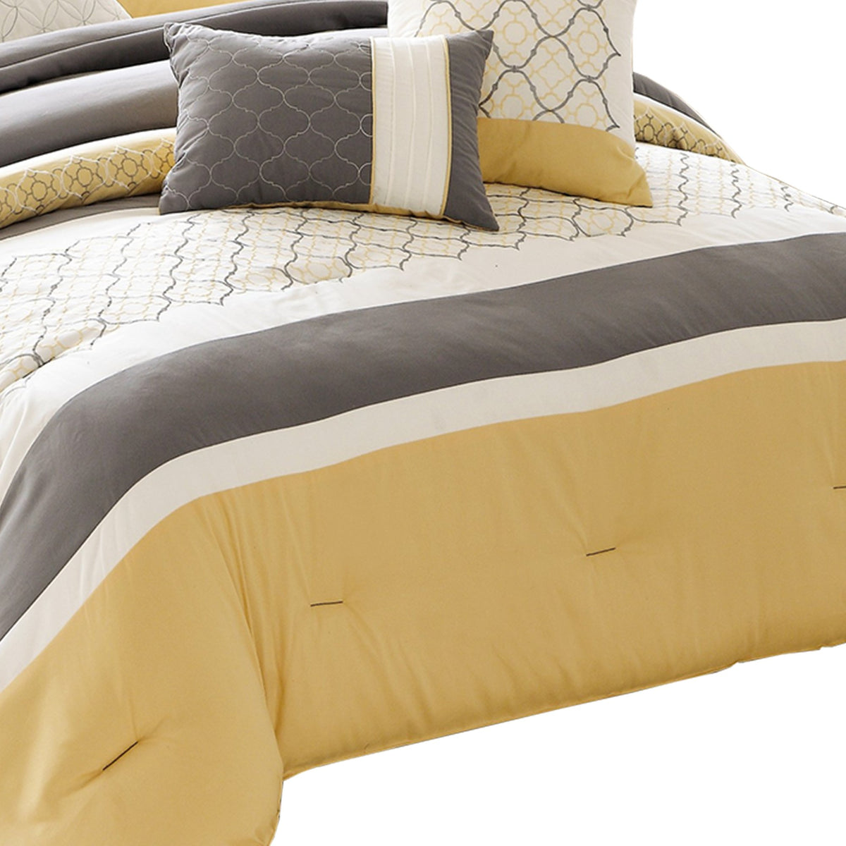 Quatrefoil Print King Size 7 Piece Fabric Comforter Set, Yellow and Gray - BM225207