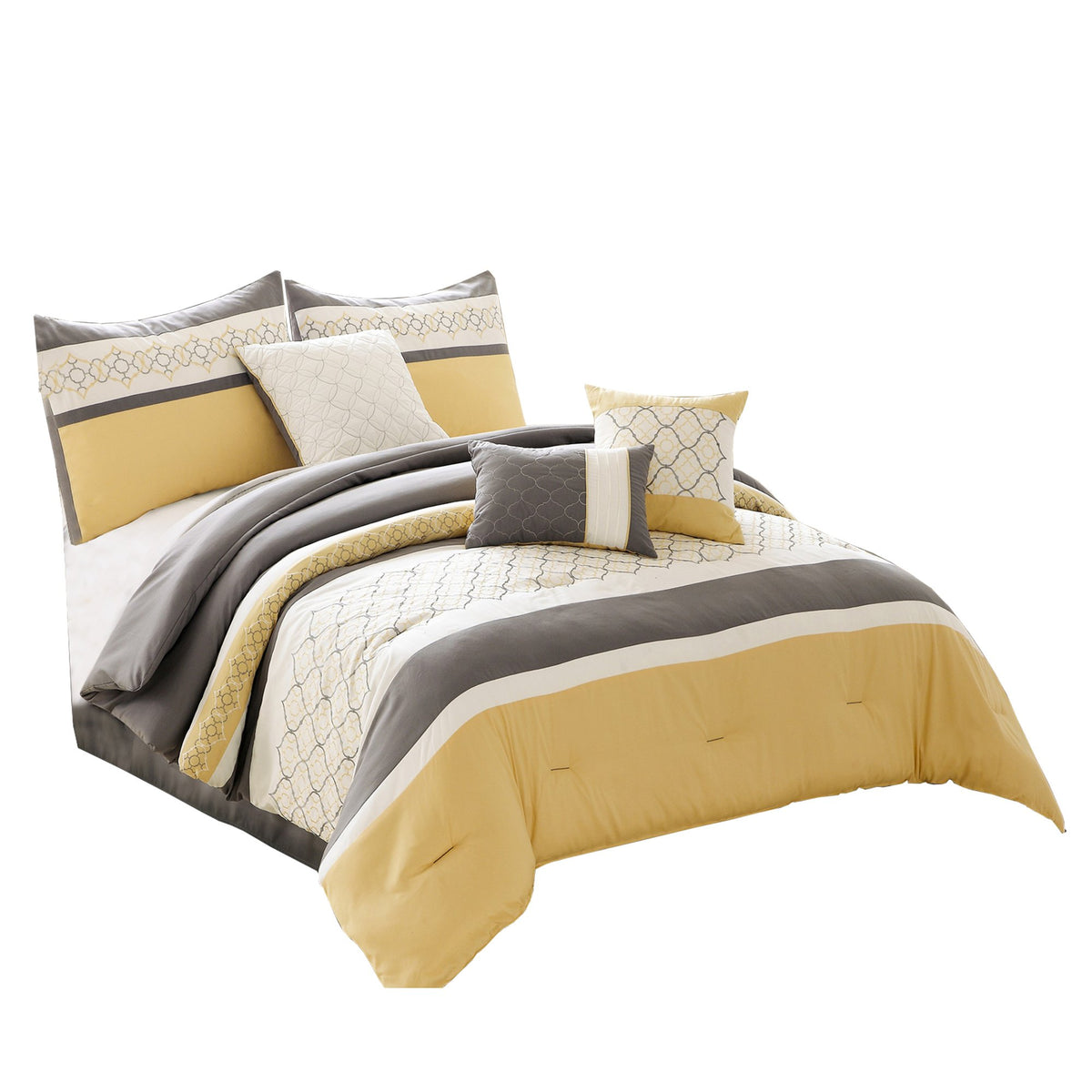 Quatrefoil Print Queen Size 7 Piece Fabric Comforter Set, Yellow and Gray - BM225208