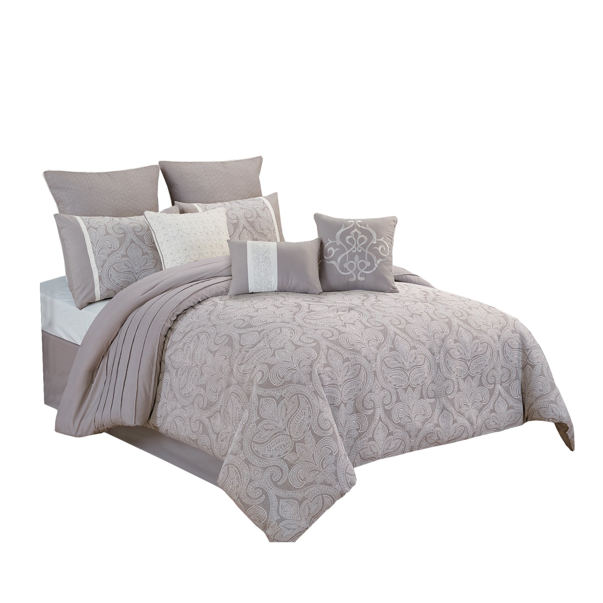 benzara King Size 10 Piece Fabric Comforter Set with Medallion Prints White - BM225209