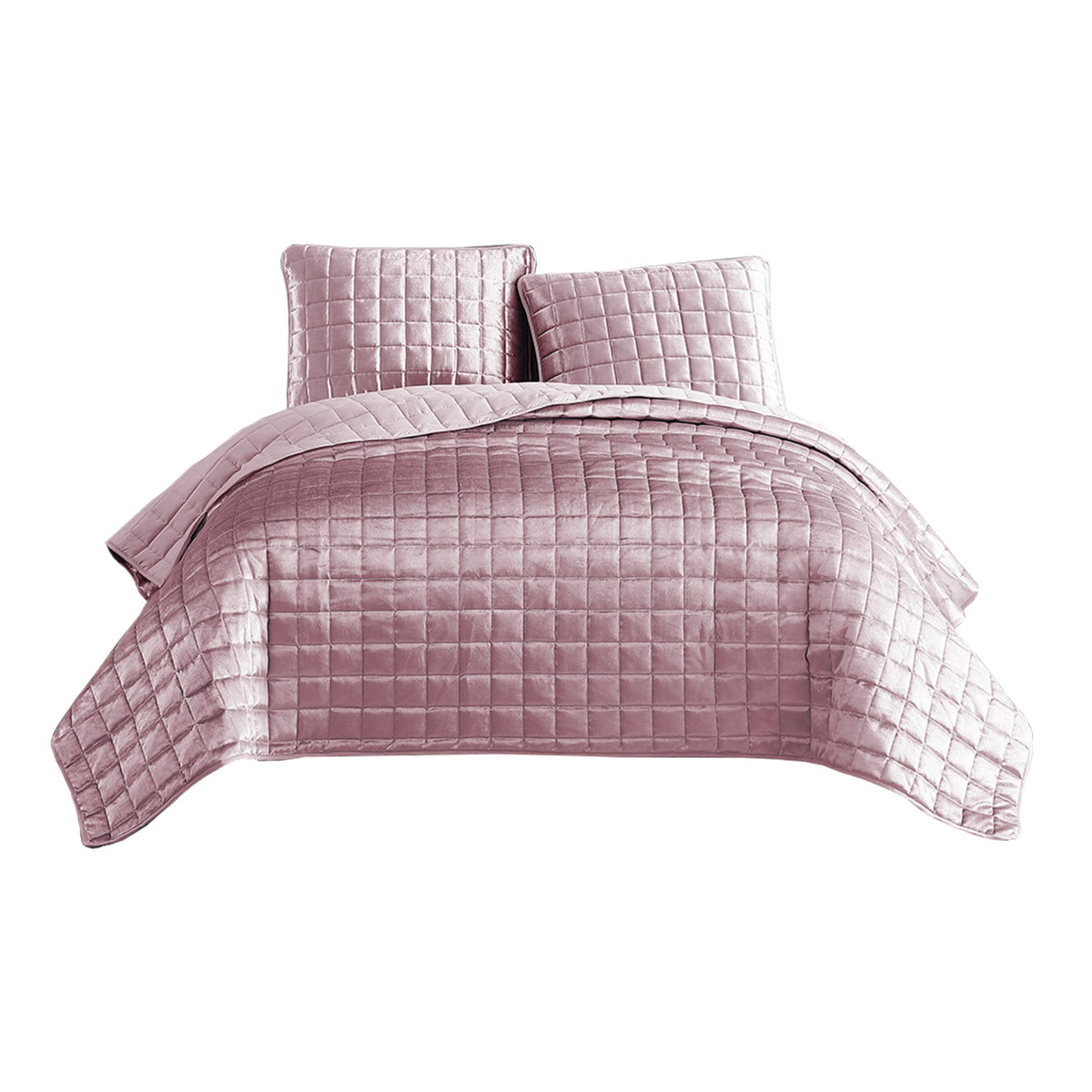 3 Piece King Size Coverlet Set with Stitched Square Pattern, Pink - BM225231