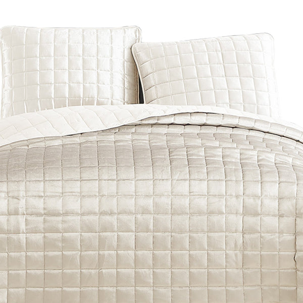 3 Piece King Size Coverlet Set with Stitched Square Pattern, Cream - BM225233