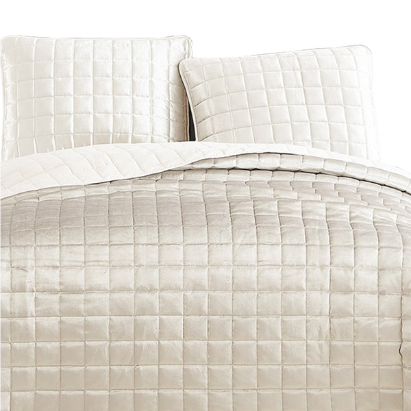 3 Piece Queen Size Coverlet Set with Stitched Square Pattern, Cream - BM225234