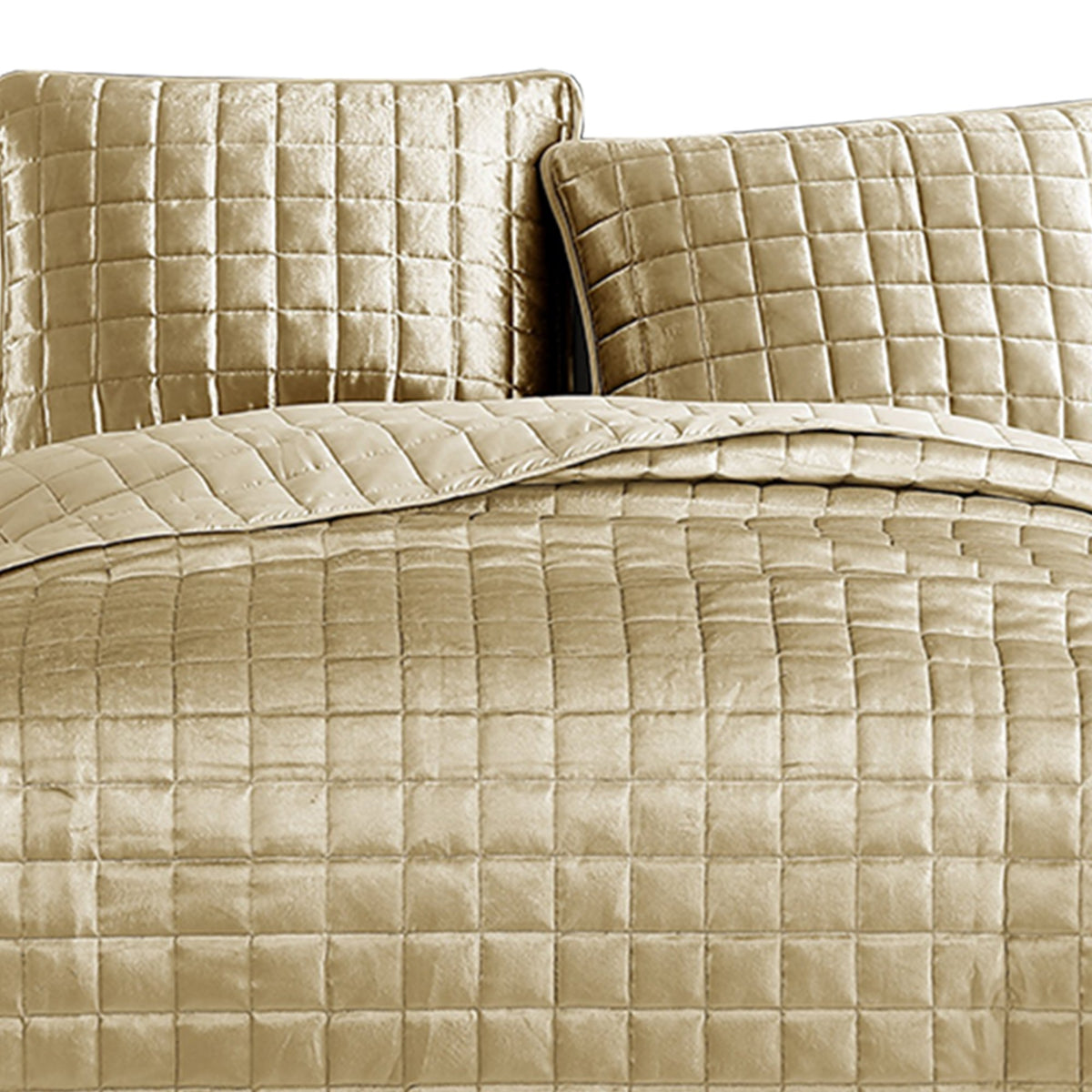 3 Piece King Size Coverlet Set with Stitched Square Pattern, Gold - BM225235