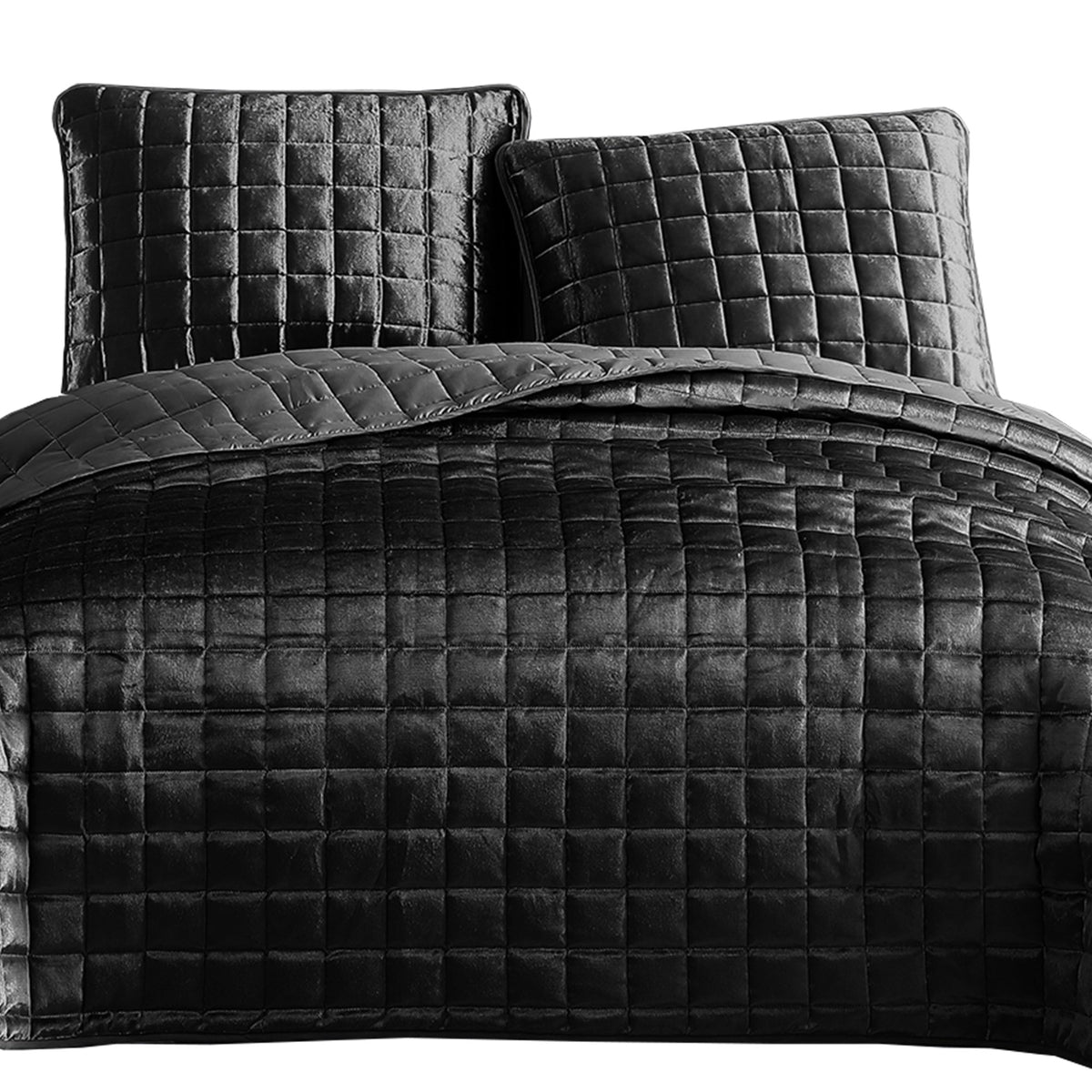 3 Piece King Size Coverlet Set with Stitched Square Pattern, Dark Gray - BM225237