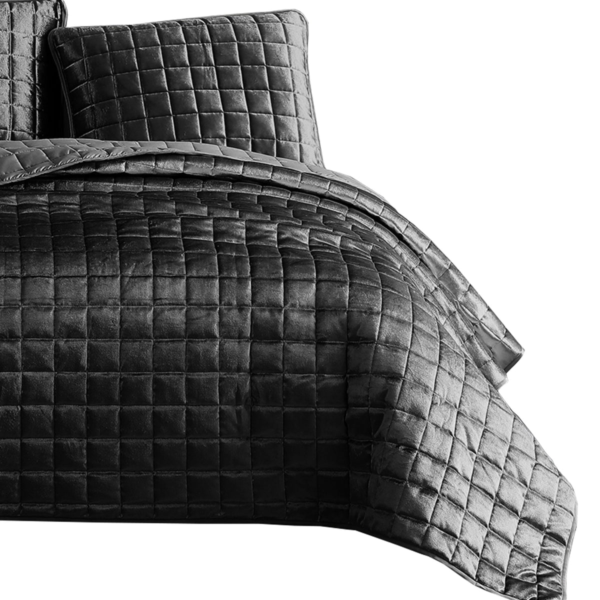 3 Piece King Size Coverlet Set with Stitched Square Pattern, Dark Gray - BM225237