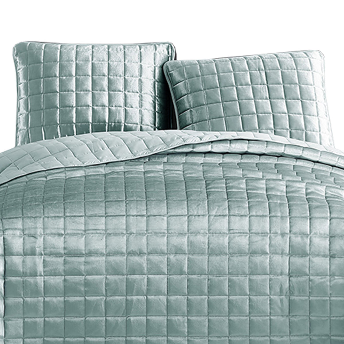 3 Piece King Size Coverlet Set with Stitched Square Pattern, Sea Green - BM225239