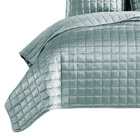 3 Piece King Size Coverlet Set with Stitched Square Pattern, Sea Green - BM225239