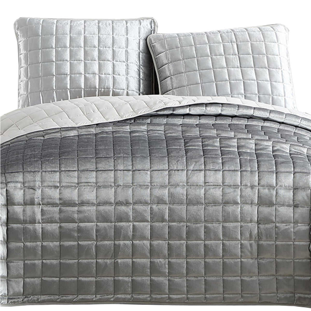 3 Piece King Size Coverlet Set with Stitched Square Pattern, Silver - BM225241