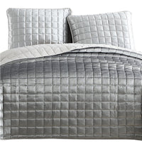 3 Piece King Size Coverlet Set with Stitched Square Pattern, Silver - BM225241