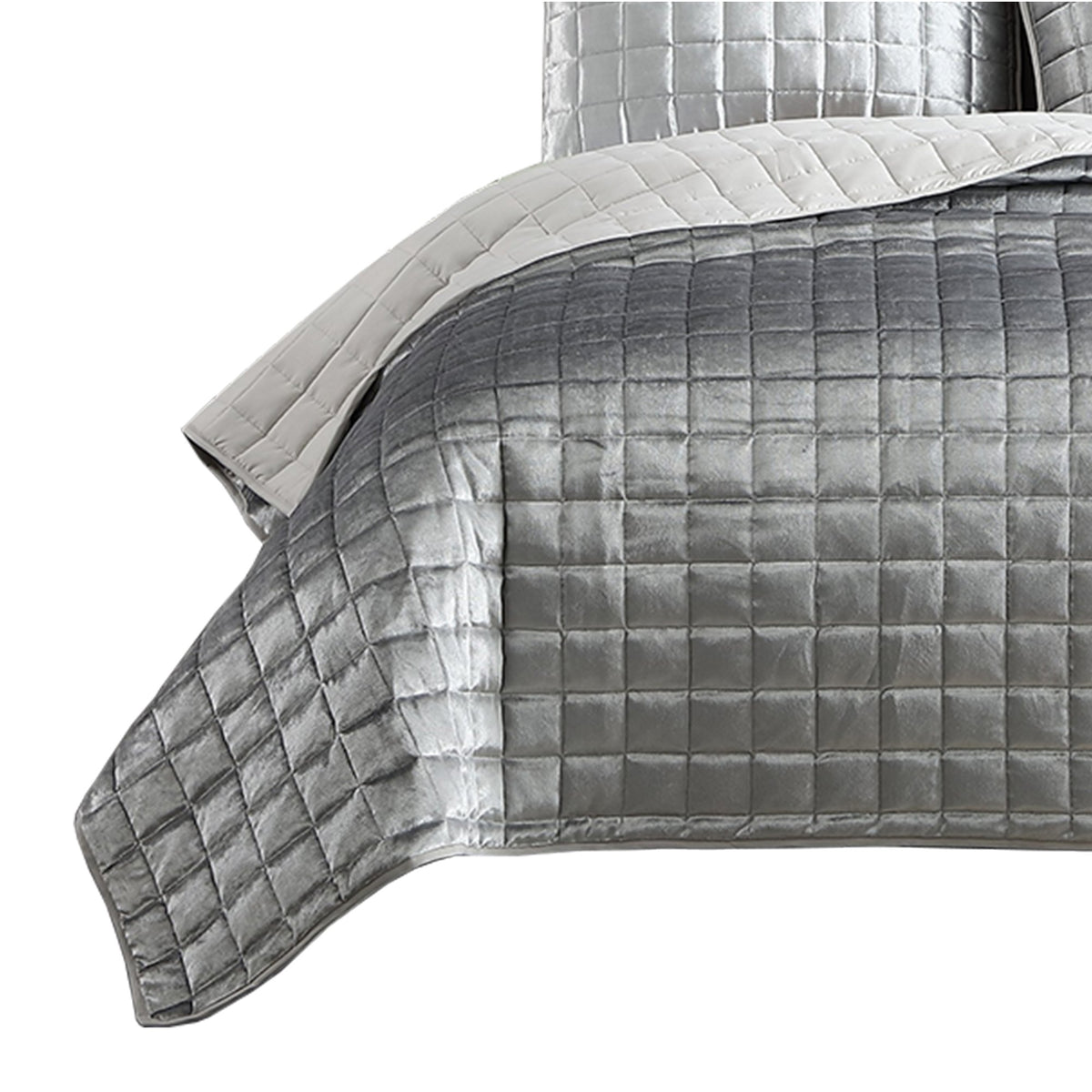 3 Piece Queen Size Coverlet Set with Stitched Square Pattern, Silver - BM225242