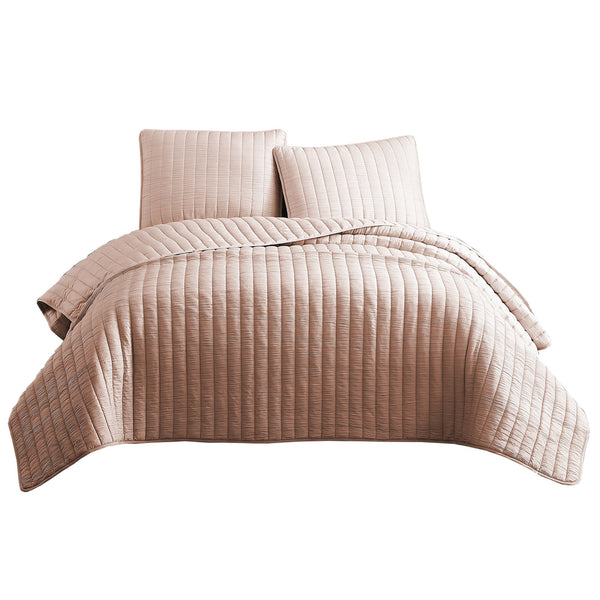 3 Piece Crinkles King Size Coverlet Set with Vertical Stitching, Pink - BM225243