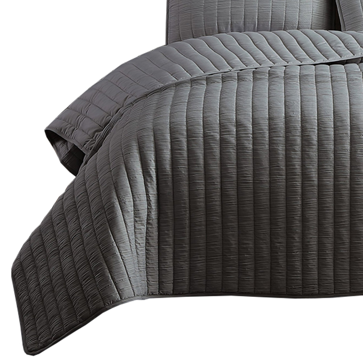 3 Piece Crinkles King Size Coverlet Set with Vertical Stitching, Gray - BM225245