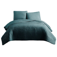 3 Piece Crinkle King Coverlet Set with Vertical Stitching, Turquoise Blue - BM225253