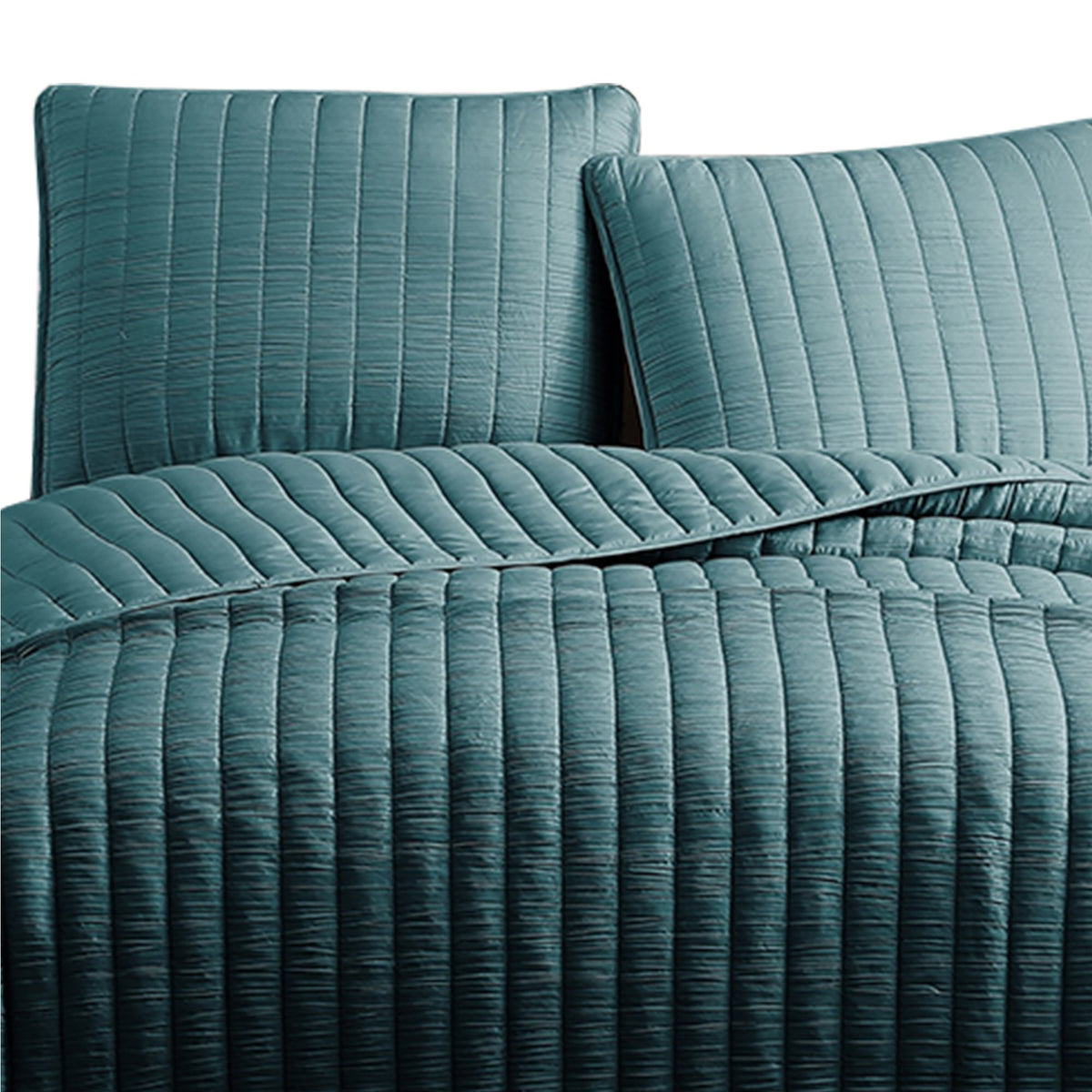3 Piece Crinkle Queen Coverlet Set with Vertical Stitching, Turquoise Blue - BM225254