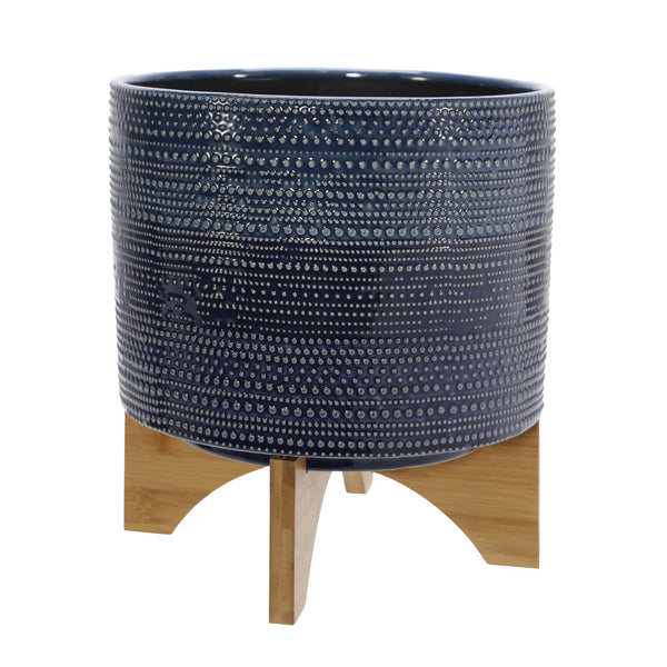 11 Inch Ceramic Dotted Planter with Wooden Base, Blue and Brown - BM225563