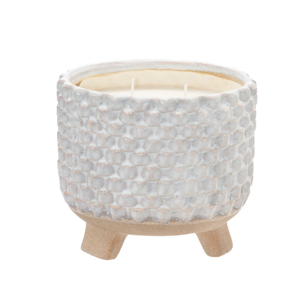 8 Inch Textured Ceramic Scented Pot Candle with Legs, White and Beige - BM225570