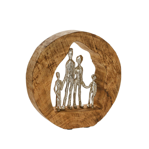 Round Wooden Sculpture with Family in Open Center, Brown and Silver - BM225583