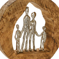 Round Wooden Sculpture with Family in Open Center, Brown and Silver - BM225583