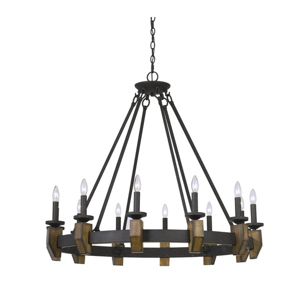 12 Bulb Round Metal Chandelier with Candle Lights and Wooden accents, Black - BM225616