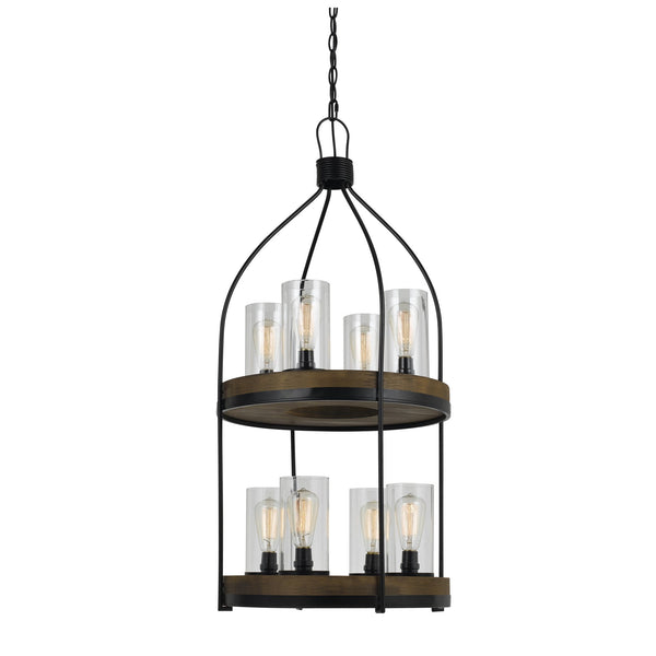 Two Tier Pendant Fixture with Round Wooden and Metal Frame, Brown and Black - BM225621