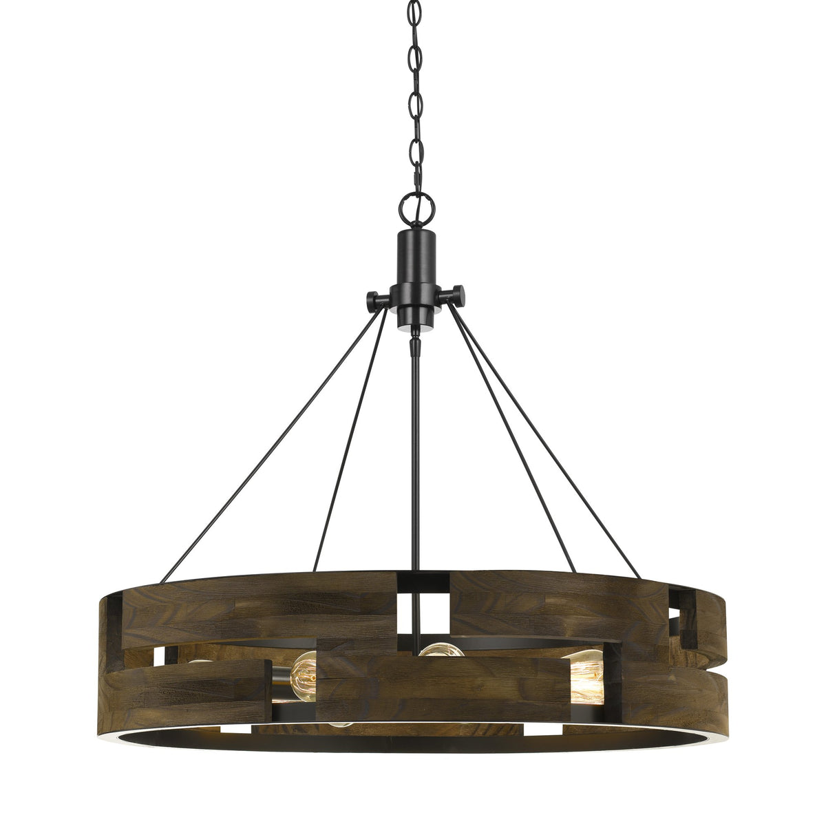 9 Bulb Round Wooden Frame Chandelier with Geometric Cut Out Design, Brown - BM225623