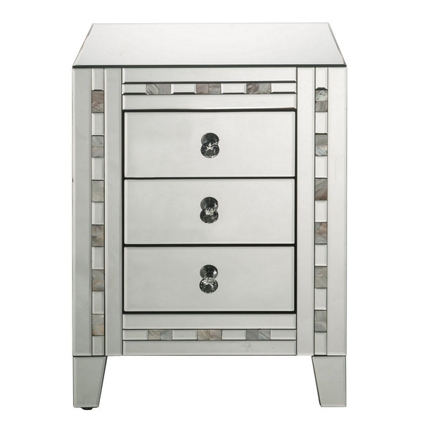 3 Drawer Beveled Mirrored Accent Table with Pearl Inlay, Silver3 Drawer Beveled Mirrored Accent Table with Pearl Inlay, Silver