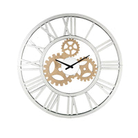 Round Mirror Panel Open Frame Wall Clock with Gear Design, Silver - BM225867