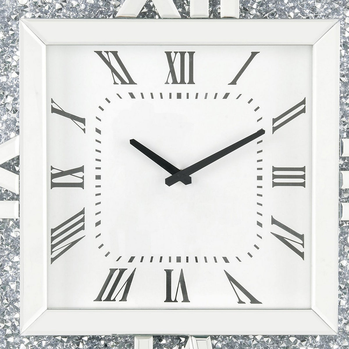 Square Mirror Panel Frame Wall Clock with Faux Diamond, Silver - BM225868