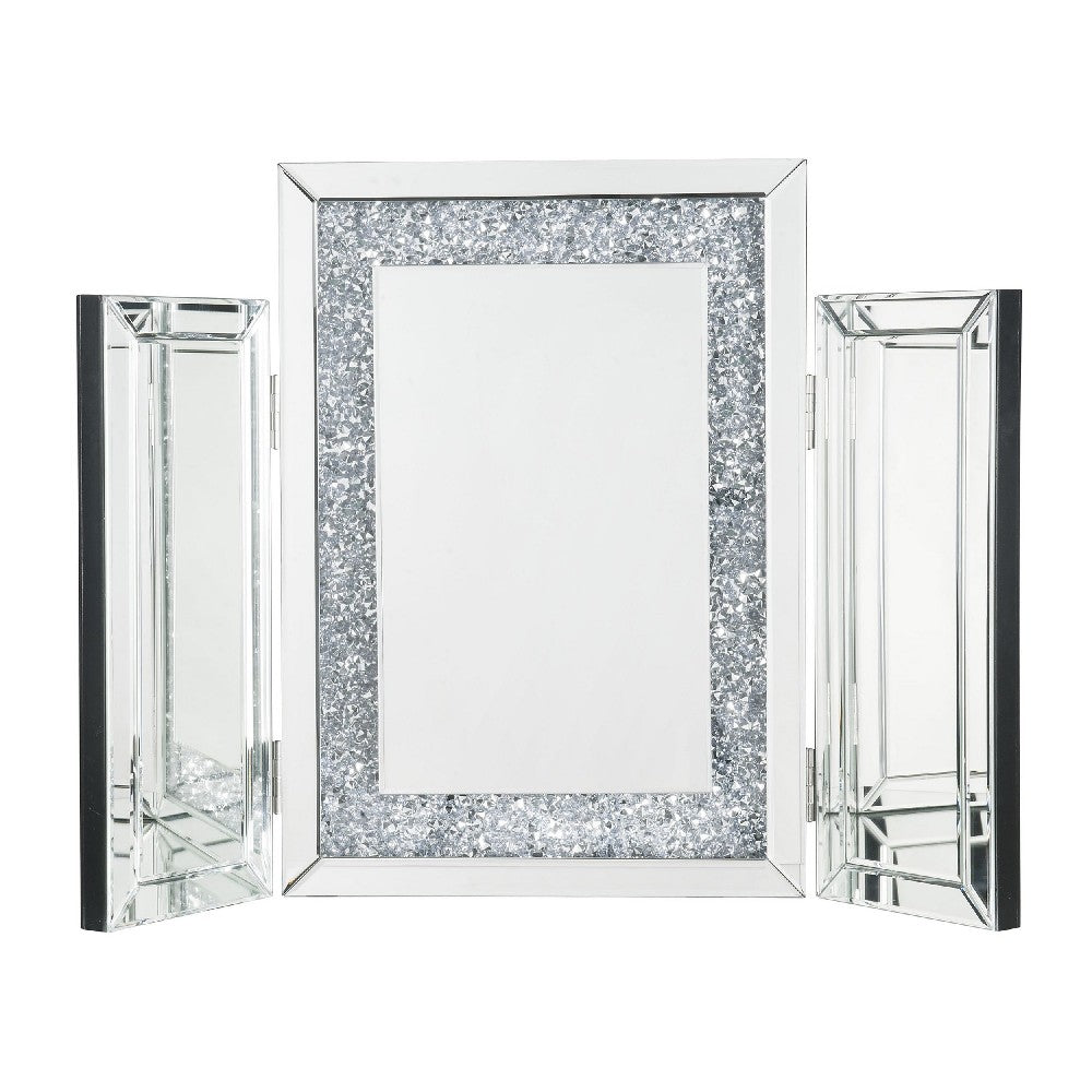 Tri Fold Mirror Panel Frame Accent Decor with Faux Diamond, Silver - BM225871