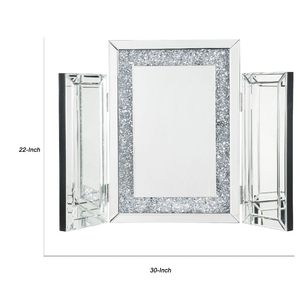 Tri Fold Mirror Panel Frame Accent Decor with Faux Diamond, Silver - BM225871