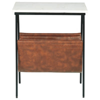 Marble Top Accent Table with Faux Leather Swing Holder, White and Brown - BM226171