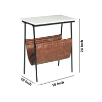 Marble Top Accent Table with Faux Leather Swing Holder, White and Brown - BM226171