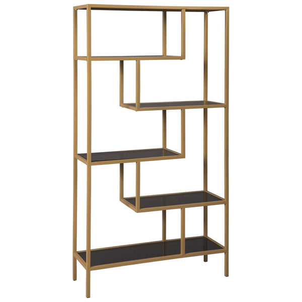 Metal Frame Bookcase with 5 Tiered Display Glass Shelves, Gold and Black - BM226174