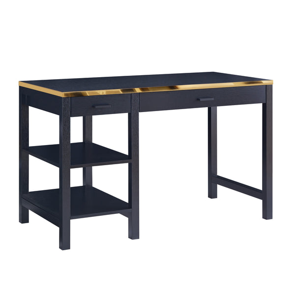 2 Drawer Rectangular Desk with 2 Open Shelves, Black and Gold - BM226198