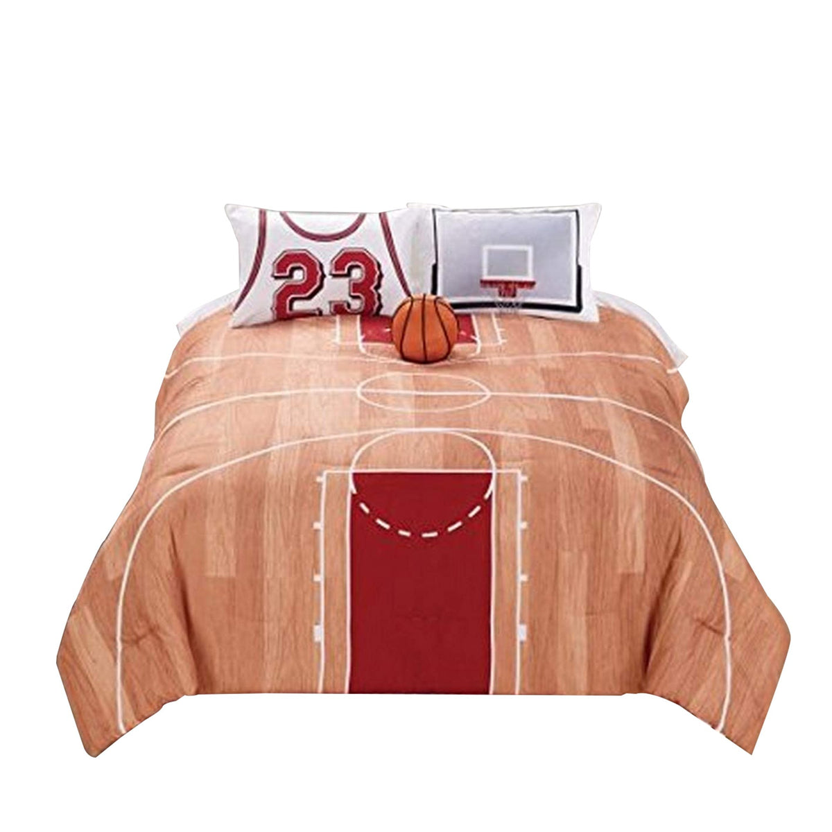 3 Piece Polyester Twin Comforter Set with Basketball Court Print, Multicolor - BM226205