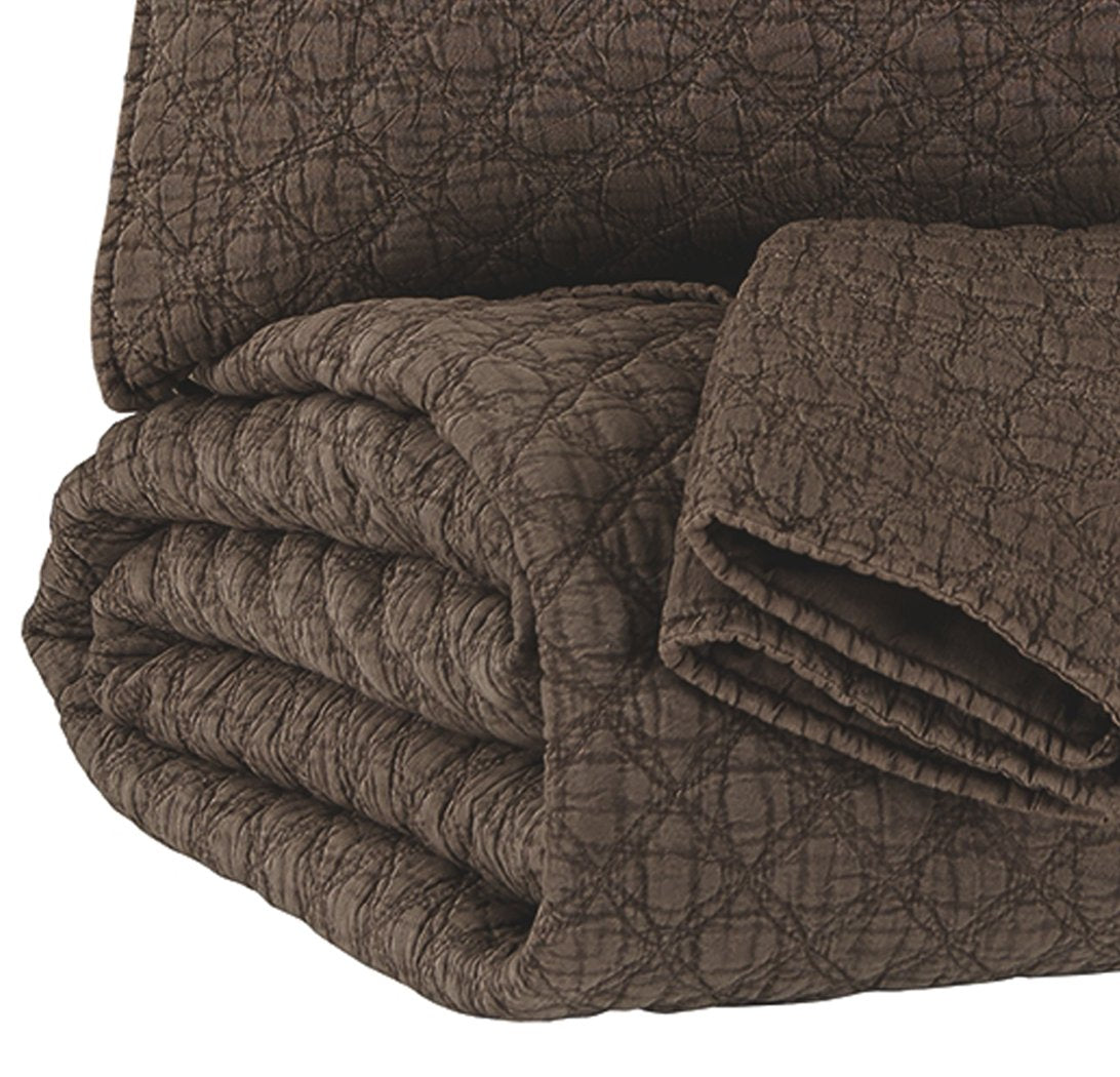 2 Piece Modern Diamond Pattern Quilted Twin Size Coverlet Set, Brown - BM226484