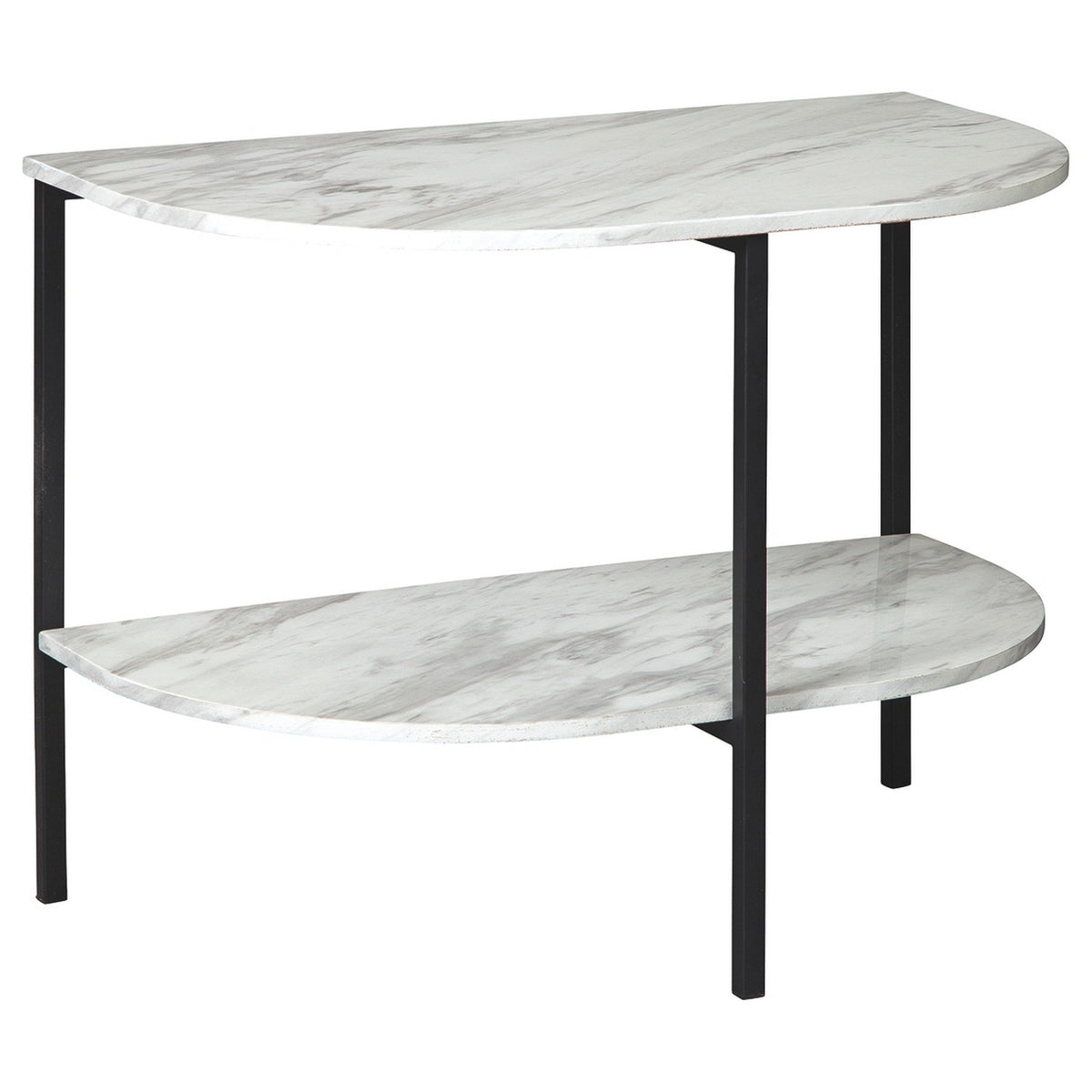 Crescent Moon Shaped Marble Top Metal Chair Side End Table, White and Black - BM226511