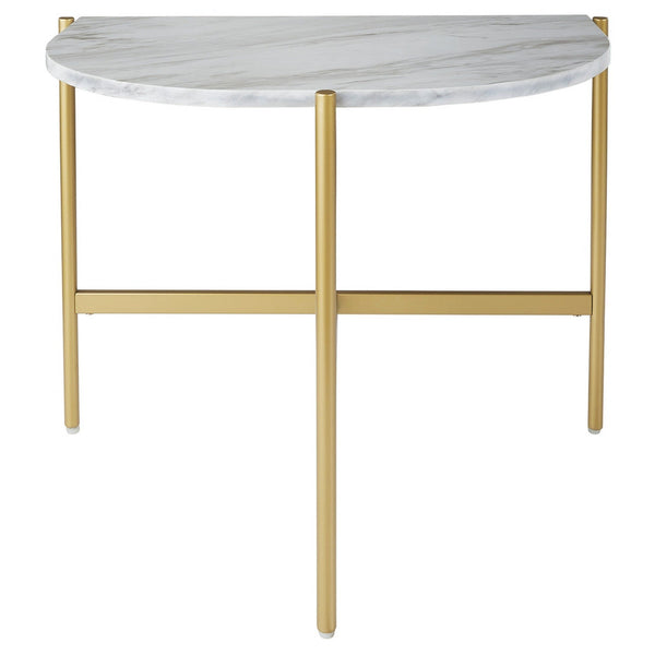 Crescent Moon Shaped Marble Top Metal Chair Side End Table, White and Gold - BM226513