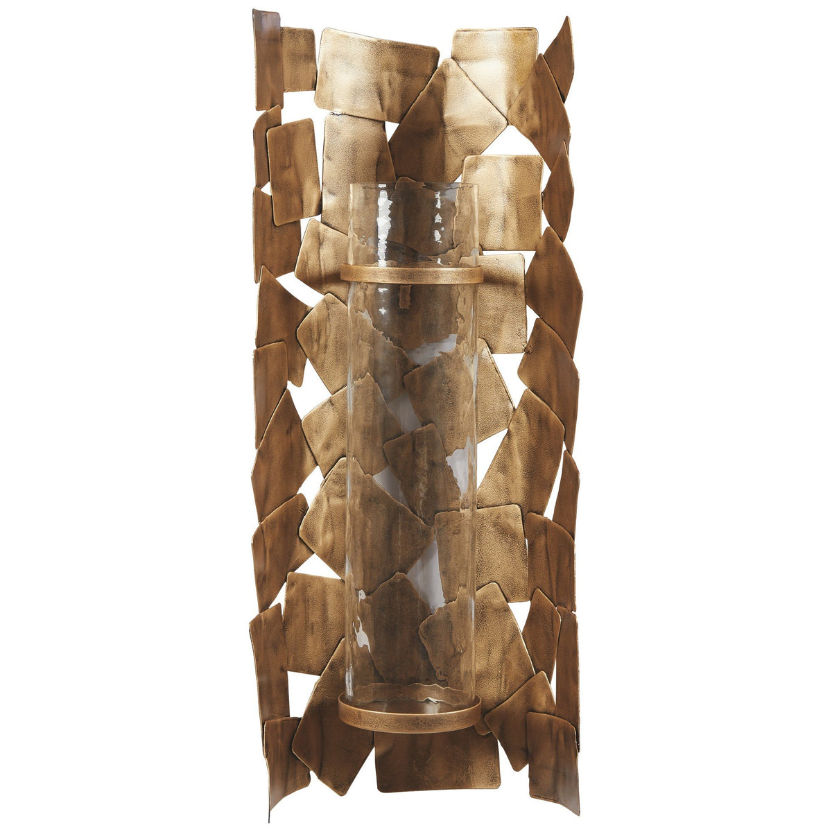 Bulged Frame Metal Wall Sconce with Candle Holder, Antique Gold and Clear - BM226522