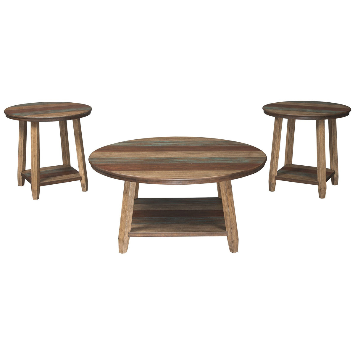 Rustic Plank Style Round Shape Cocktail and 2 End Tables, Set of 3, Brown - BM226527